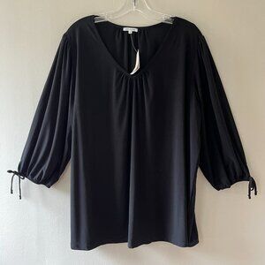 Ava James Sz 1X Black Pullover Stretch Blouse V Neck Loose Fit